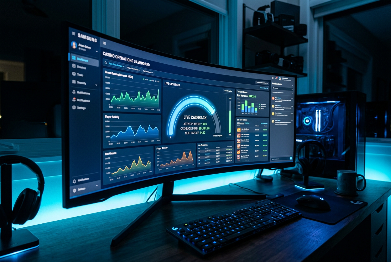Digital dashboard showing casino cashback statistics and gauges.