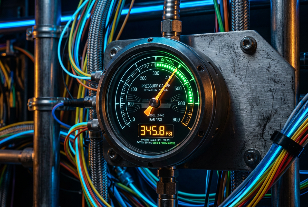 A high-tech pressure gauge with glowing neon accents symbolizing casino system performance.